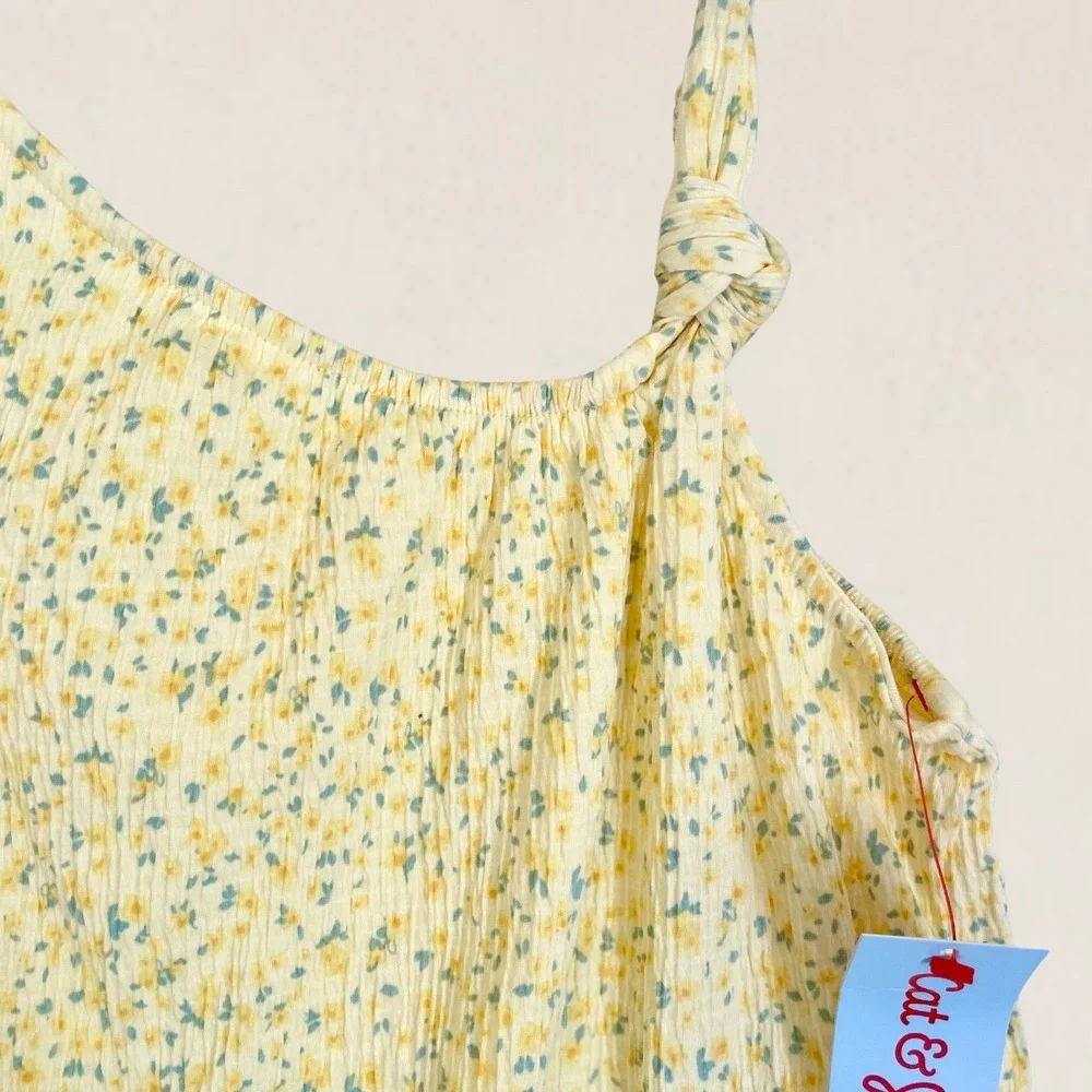 Cat & Jack Girls XL 14 Yellow Floral One Shoulder Bubble Hem Tank Top NWT